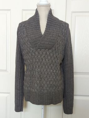 Theory Darren Dahu Gray Cable-Knit Shawl Collar Sweater